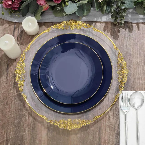 Vista 19 de Efavormart 10 Pack Platos transparentes rosa martillados de 7" de plástico para postres y aperitivos con borde dorado, platos desechables
