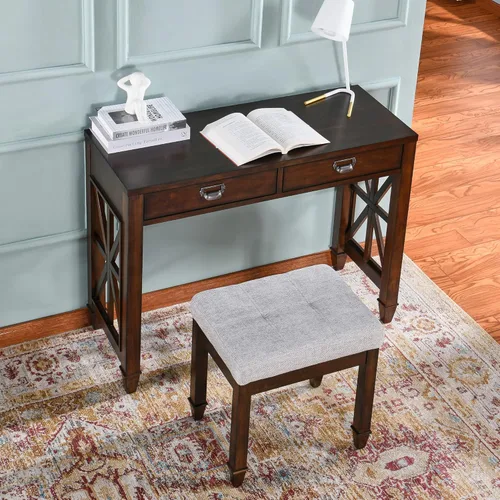 Vista 4 de Taburete de tocador con pata de madera maciza, banco de tocador de maquillaje con asiento tapizado de tela, banco de piano, taburete para niños