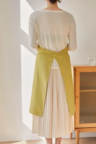 Vista 3 de Jeelow Vestido de lino de algodón para cocina, jardín, babero, espalda cruzada, delantal, para mujer, con bolsillos divididos en la parte delantera