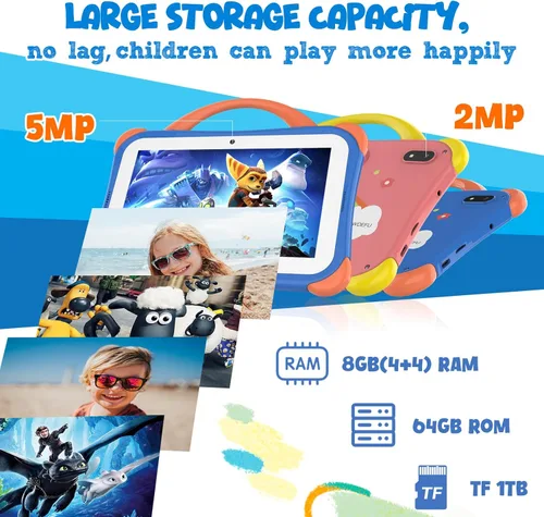 Vista 5 de CWOWDEFU Tablet para niños, tableta de 7 pies para niños, tableta Android 14 de 64 Gb con batería de 4000 mAh, Bluetooth 5.0, WiFi 5G, cámara dual