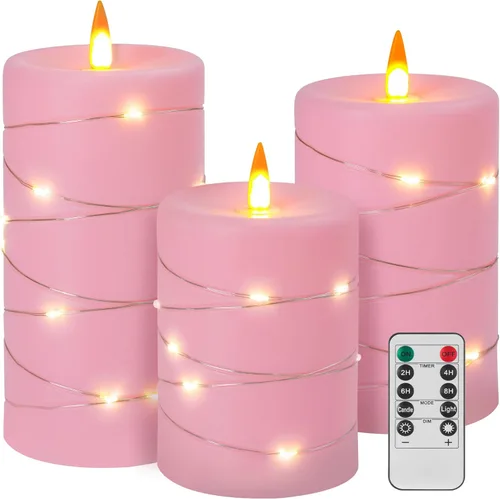 Vista 9 de Velas rojas sin llama con tira de luces, funciona con pilas, velas LED de pilar de 4, 5, 6 pulgadas, con control remoto, juego de 3 velas falsas