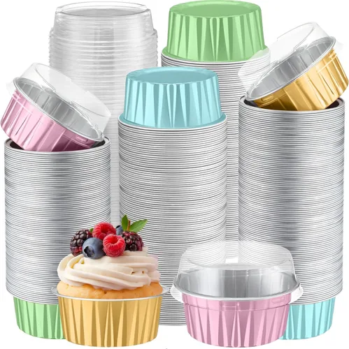 Vista 14 de Gejoy 400 tazas de papel de aluminio para hornear con tapas, moldes desechables de 5 onzas, mini moldes para tartas, moldes para magdalenas, moldes