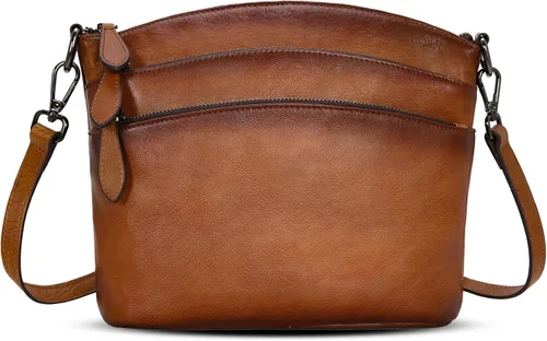 HESHE Bolsos cruzados para mujer, de piel auténtica, con múltiples bolsillos, estilo vintage, bolso pequeño de hombro
