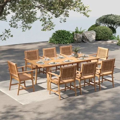 Vista 14 de MFSTUDIO Juego de 2 sillas de comedor de madera de acacia para exteriores, con asiento de ratán tejido hecho a mano y respaldo de ratán para jardín
