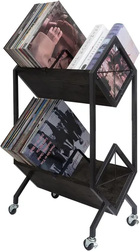SwaaVee Estante de almacenamiento de discos de vinilo con ruedas, soporte de discos de vinilo de 2 niveles 160-200 LP con divisores, estilo retro,