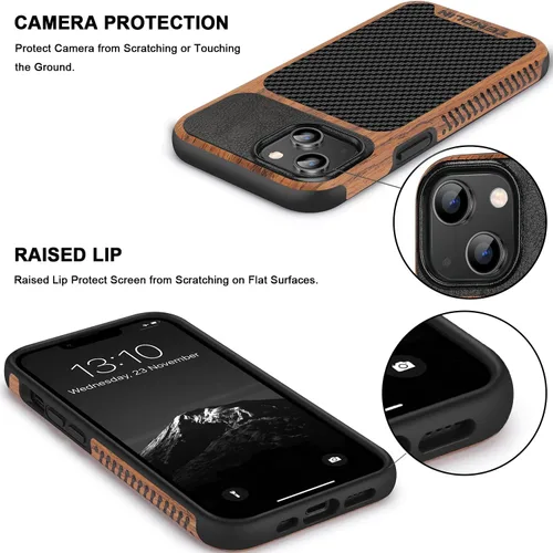Vista 4 de TENDLIN Compatible con Funda para iPhone 14 de Grano de Madera con Diseño de Textura de Fibra de Carbono, Funda Híbrida de Cuero delgada Negra