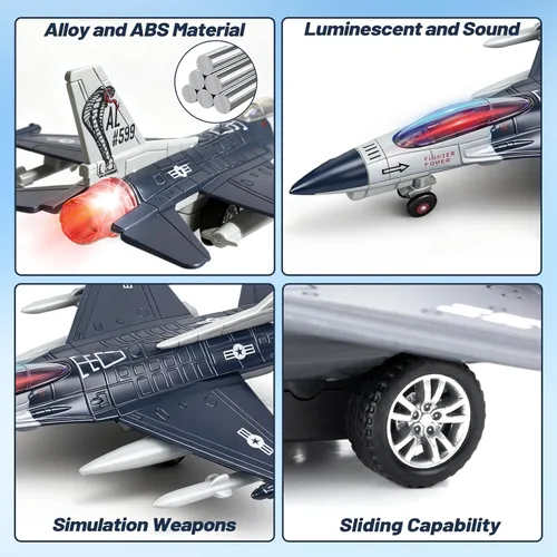 Vista 3 de Avión de Combate, juguete de avión de metal fundido con mecanismo de retroceso con luces intermitentes y sonidos, modelo de avión militar para niños