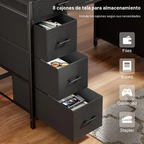 Vista 6 de HLDIRECT Escritorio para computadora de 47 pulgadas con 8 cajones de almacenamiento, escritorio para juegos con luces LED y tomas de corriente USB