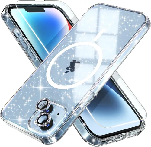 Vista 56 de Choiche Funda magnética para iPhone 15 Pro Max, funda transparente con purpurina brillante para mujer