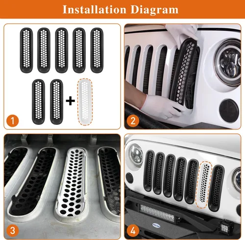 Vista 6 de Hooke Road Insertos de Rejilla Negra Mate Cubierta de Rejilla Frontal de Malla para Jeep JK Wrangler 2007-2015 y Unlimited Wrangler Accesorios