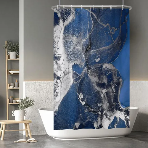 Vista 201 de Baocicco Cortina de ducha de mármol azul abstracto a rayas, decorativa, textura de lujo, línea moderna, decoración de acuarela, juego de cortinas