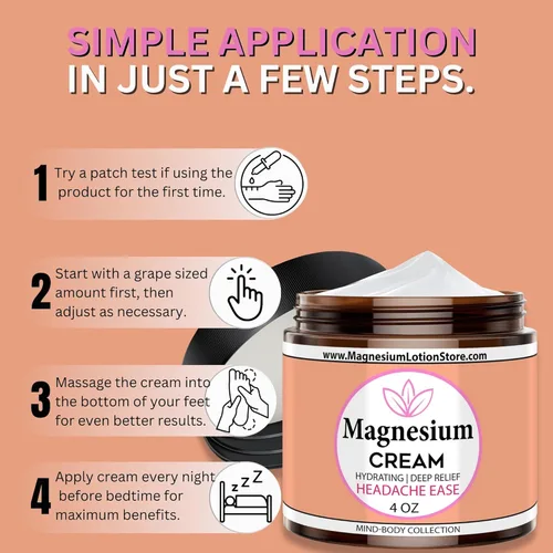 Vista 4 de Crema de magnesio para dolor de cabeza, migrañas, dolor muscular, alivio de calambres con manteca de karité, aceite de coco, aloe, vitamina E, crema