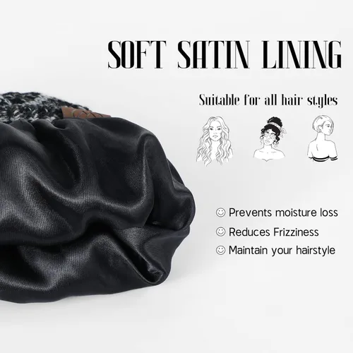 Vista 2 de Gorros de invierno con forro de satén para mujer, gorro de invierno con forro de seda para invierno, cálido gorro de punto con puños