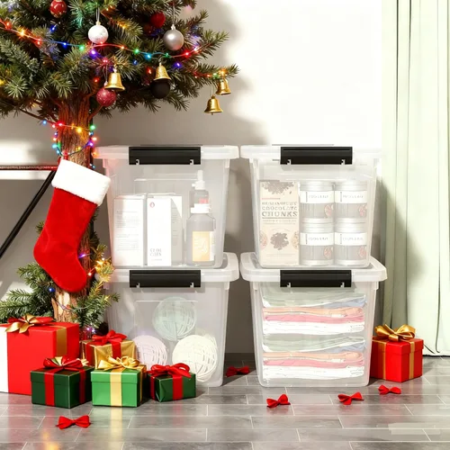 Vista 5 de Paquete de 4 cajas de almacenamiento de plástico, contenedores de almacenamiento con tapa con asa, 20 L, transparentes