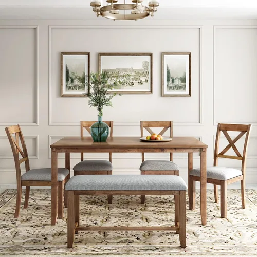 Vista 20 de Juego de mesa de comedor de madera de 6 piezas, juego de mesa de cocina con rectangular, juego de mesa de comedor con banco tapizado y 4 sillas