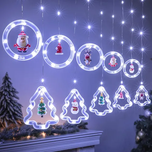 Vista 12 de BLOOMWIN Luces de Ventana de Navidad Decoraciones de Ventana Navideñas Iluminadas - Luz de Anillo en Forma de Árbol con Luz de Cortina de Ornamento