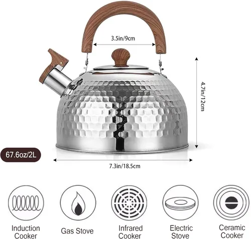 Vista 2 de Hervidor de té, acero inoxidable de grado alimenticio con mango plegable de madera, hervidor silbante para estufas de inducción, gas y eléctricas