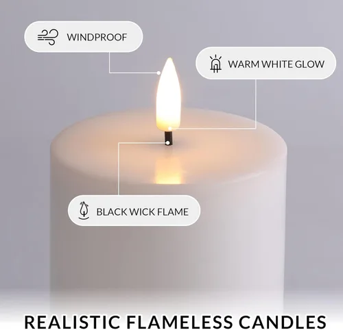 Vista 4 de Eywamage Velas de pilar sin llama de cera real blanca con control remoto, velas LED parpadeantes de batería, juego de 3