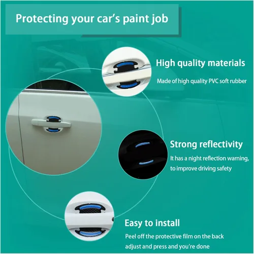Vista 3 de Augeny 4 calcomanías reflectantes protectoras para manija de automóvil, protector universal de pintura de fibra de carbono 3D para puerta