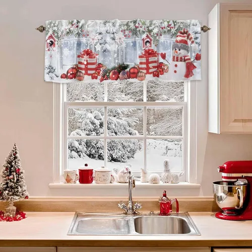 Vista 2 de Cenefa de cortina de muñeco de nieve de Navidad para ventanas, sala de estar, cocina, baño, cafetería, copo de nieve de invierno, ramas de pino