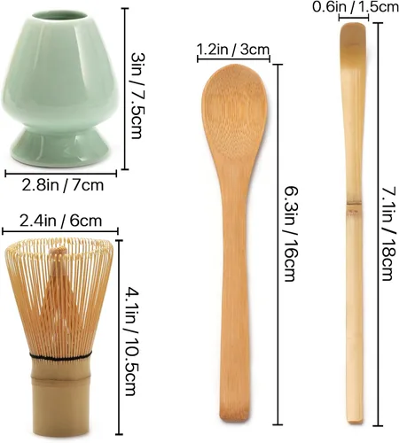 Vista 6 de Juego de 4 batidores de matcha, juego de té matcha de bambú con soporte para cuchara y batidor, batidor de matcha hecho a mano (Chasen)