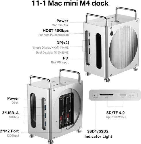 Vista 2 de ACASIS Base y soporte para Mac mini M4 de 40 Gbps con carcasa SSD NVMe de doble bahía, estación de acoplamiento 11 en 1 para Mac mini M4/M4 Pro