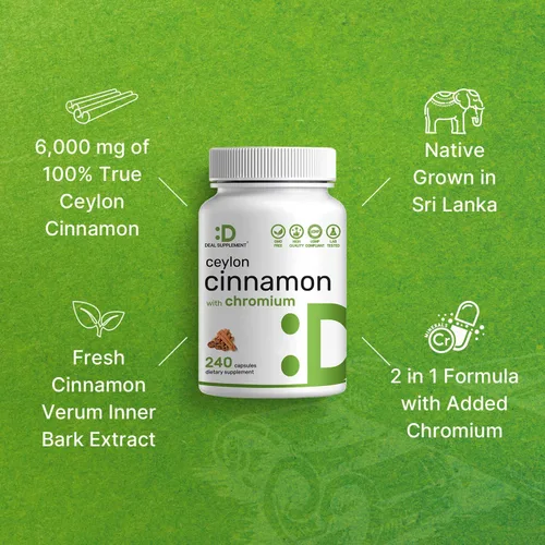 Vista 6 de Canela de Ceilán con Cromo 1000mcg, 240 Cápsulas Extracto de corteza interna activa, verdadera fuente de Sri Lanka Suplementos naturales