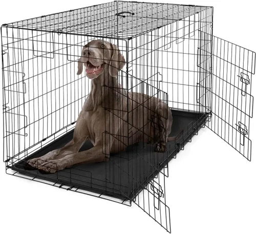 Vista 11 de Jaula plegable de alambre para perros con panel divisor, bandeja a prueba de fugas y patas protectoras, puerta individual y doble, jaula para perros