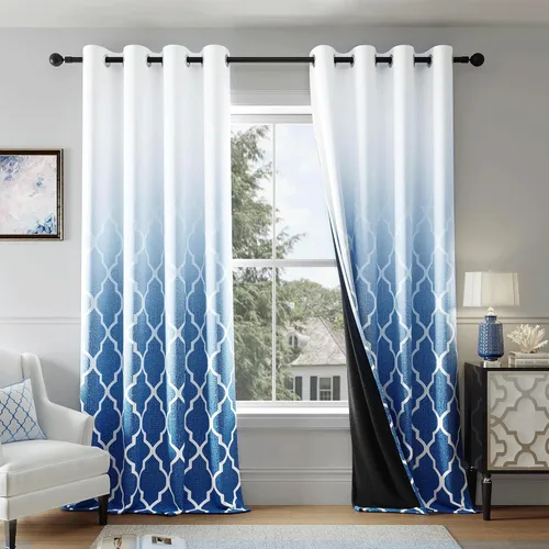 Vista 8 de Cortinas Metro Parlor Ombre 100% opacas de 72 pulgadas de largo, 2 paneles para sala de estar, dormitorio con patrón geométrico marroquí azul