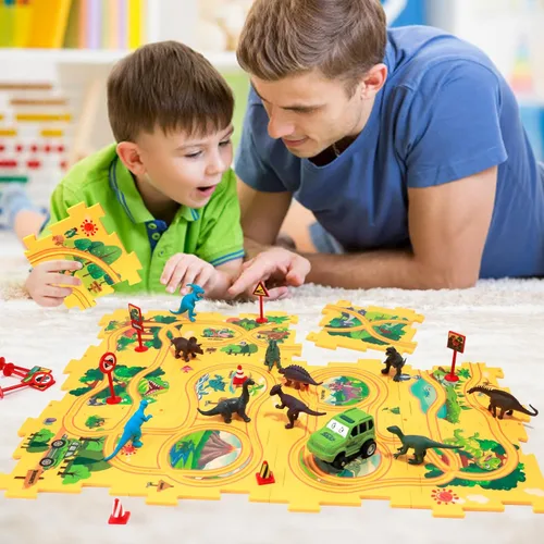 Vista 3 de Juego de Pista de Rompecabezas de Coches con 12 Figuras de Dinosaurios, Rompecabezas de Suelo de Vagón de Plástico para Niños de 3-5 Años