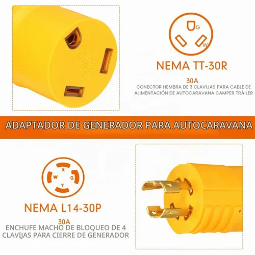 Vista 3 de Kanayu NEMA L14-30P a TT-30R Adaptador generador RV de 30 amperios Amarillo