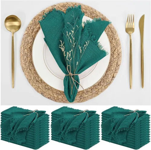 Vista 17 de Paquete de 12 servilletas de lino y algodón beige de 16 x 16 pulgadas, hechas a mano con flecos, servilletas de tela suave, lavables y rústicas