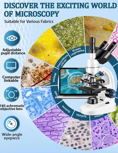 Vista 7 de Microscopio trinocular para adultos WF10x y lentes WF25x 40X-5000X de magnificación, microscopio LED trinocular compuesto de laboratorio digital