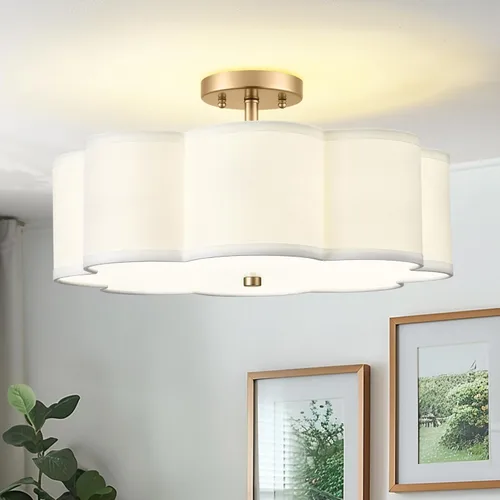 Vista 7 de Luces de Techo Semiempotradas Doradas, Lámpara de Techo de 4 Luces de 18" con Pantalla de Tela en Forma de Flor, Iluminación de Tambor de Latón
