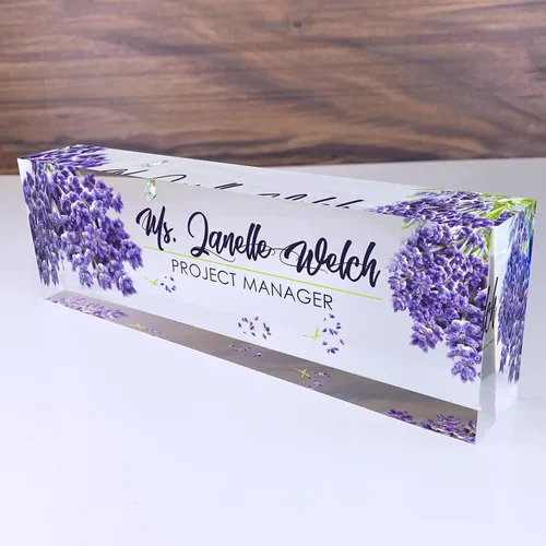 Vista 17 de Artblox - Placa de nombre personalizada para escritorio Diseño de flores de violetas sobre cristal acrílico transparente Placa de nombre