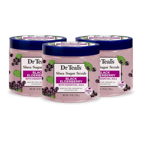 Dr Teal's Exfoliante corporal de azúcar de karité, saúco negro con aceites esenciales, 19 onzas (paquete de 3)