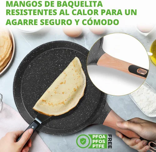 Vista 4 de NutriChef - Sartén para crepes de 24 cm (9.45 pulgadas) antiadherente con esparcidora de madera, sartén Dosa de mármol recubierto duradero, mango