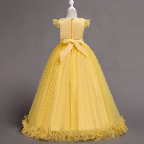 Vista 3 de Vestido largo, de encaje y con flores para niñas o damas de honor, para boda, desfile, fiesta, para vestirse como princesa, comunión, estilo bohemio