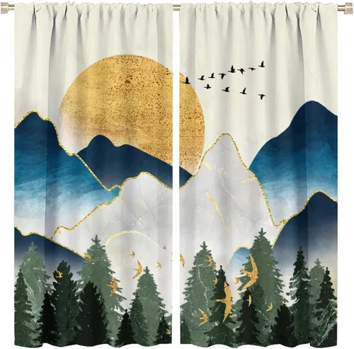 Vista 10 de Cortinas opacas abstractas de bosque y montaña para sala de estar, estilo retro, de mediados de siglo, bohemio, con diseño de mármol, aislamiento