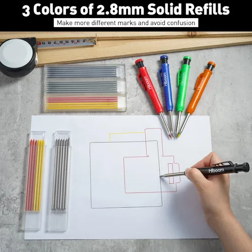 Vista 4 de Hiboom 5 lápices de carpintero mecánico, 30 piezas de repuesto para punta de nariz con afilador integrado, herramientas de fabricación de escritos