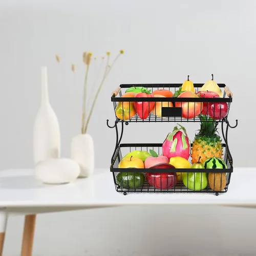 Vista 7 de Cesta de Frutas Tazón de 2 Niveles Desmontable con 2 Colgadores para Plátanos, Soporte de Frutas para Encimera de Cocina, Organizador