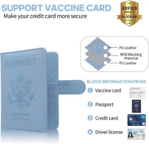 Vista 3 de MCmolis Combo de tarjetero para pasaporte y vacunas, funda de cuero con bloqueo RFID, protector organizador de documentos de viaje con ranura