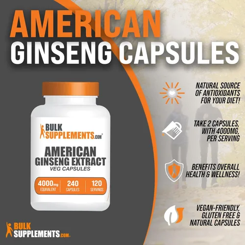 Vista 3 de BulkSupplements. com Cápsulas de ginseng americano, extracto de ginseng americano, suplemento de hierbas de ginseng, vegano, 2 cápsulas por porción
