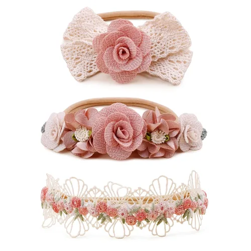 Vista 18 de Diadema floral de nailon para bebé, corona de flores, banda elástica para el cabello, 3 piezas, accesorios para el cabello, regalo para niñas, 2#