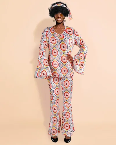 Vista 7 de Jexine Halloween 70s Women Disco Costume Set Disco Party Top Pants Sunglasses Ball Necklace Earring Wig