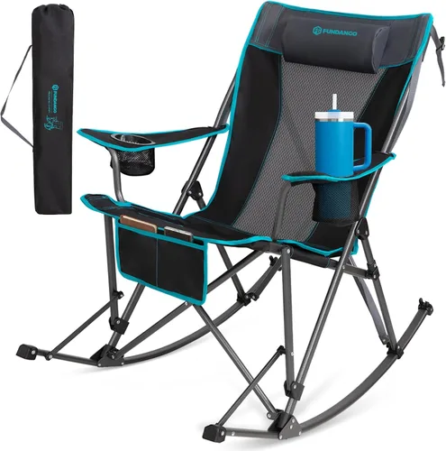 Vista 12 de FUNDANGO Silla mecedora para campamento, respaldo de malla alta, sillas de campamento plegables portátiles con almohadas, portavasos y bolsa