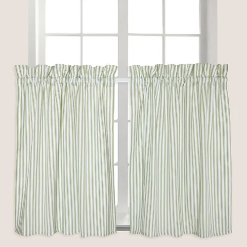 Vista 2 de Cackleberry Home Juego de 2 cortinas de algodón tejido a rayas verdes y blancas de estragón de 28 pulgadas de ancho x 36 pulgadas de largo
