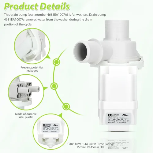 Vista 5 de DP040-012 4681EA1007A Bomba de drenaje (OEM) Compatible con LG, Bomba de drenaje para lavadora Kenmore, Reemplaza 5859EA1004F 5859EA1004P
