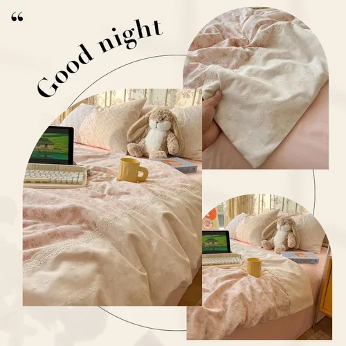 Vista 6 de Juego de funda de edredón floral rosa, tamaño matrimonial, con ribete de encaje blanco, tamaño matrimonial, estilo bohemio, de microfibra lavada