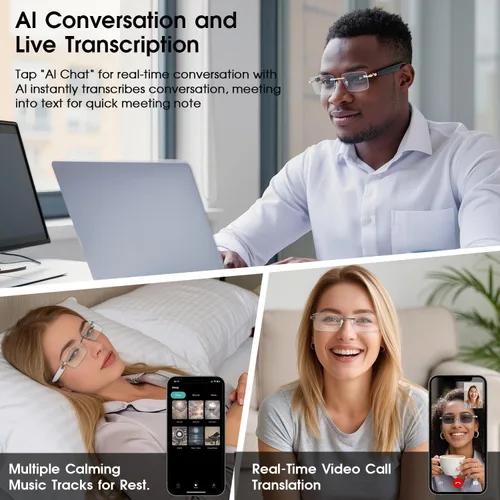 Vista 5 de Lentes inteligentes AI para hombres y mujeres, con bisagras de resorte, Bluetooth 6.0, con 164 idiomas (traducción en tiempo real), lente